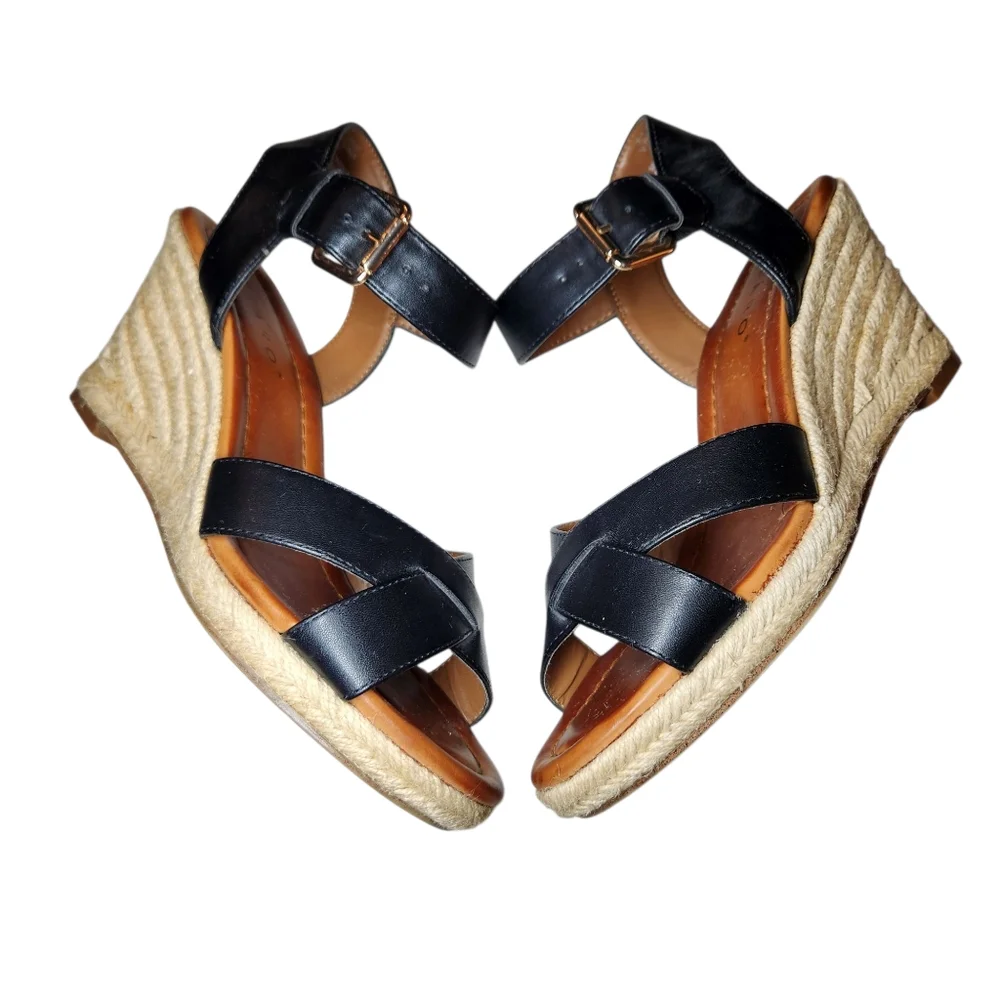 Pesaro Espadrille Wedge Black Vegan Leather Sandals Ankle Strap‎ Gold Buckle 8